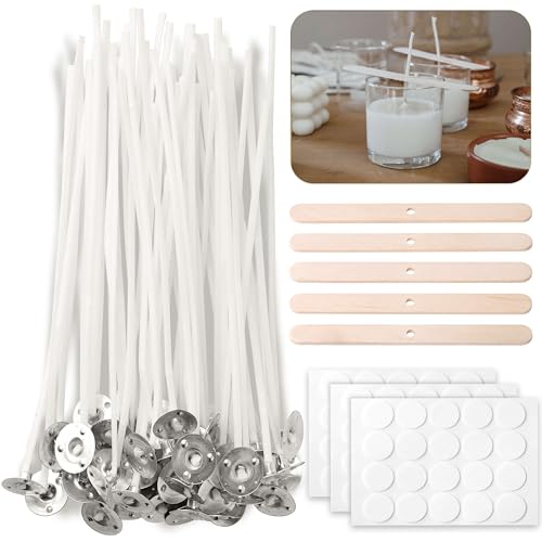 CZ Store®- Juego de Mechas para Velas |60 PZS| 10CM |✮GARANTÍA por Vida✮| Soportes para mechas de Madera X5 + Pegatinas de Mecha X60|Algodón Orgánico Natural, Pre Encerado con Cera de Soja - Duradero