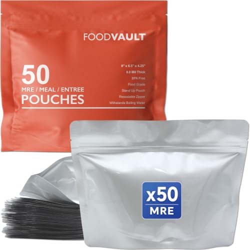 MRE Mylar Bags 16 Mil Total Thickness Stand-Up Resealable Pouches for Long-Term Food Storage Freeze Dried Meals & Backpacking [50-Pack | 9 x 6.5 x 4.25]