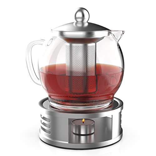 Tee-Set Tee Glaskanne mit Filter Deckel Teewärmer - 1,2 Liter Teekanne aus hitzebeständigem Glas mit Edelstahlsieb Deckel - Glas-Teebereiter mit Siebeinsatz für 4 Tassen (1x Teekanne + 1x Stövchen) Cover
