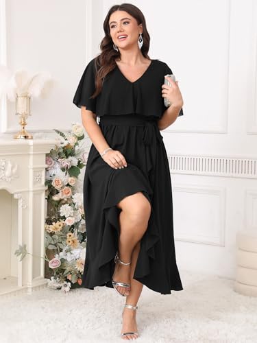 Image of Women Plus Size Long Formal Dress Short Sleeve Chiffon Ruffle V Neck High Low Split Wedding Guest Maxi Dresses