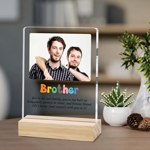Image of Giftplease Customized Photo And Text Frame With Wooden Stand | Personalised Printed Photo Frame | Gift For Brother | Birthday | (Transparent, 5MM, 6 * 8 Inches), Tabletop BG 04