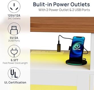 amzzar Home Bar Unit with Charging Station & Lights & Storage Mini Corner Bar Table with Wine Rack & Glass Holder 360° Rotating Tall Liquor Table for Living Room Apartment Office, White