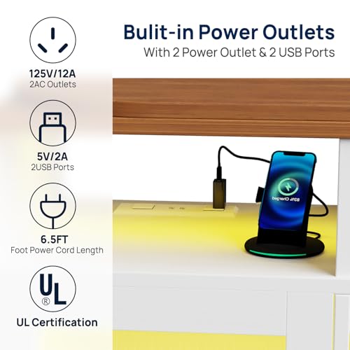 amzzar Home Bar Unit with Charging Station & Lights & Storage Mini Corner Bar Table with Wine Rack & Glass Holder 360° Rotating Tall Liquor Table for Living Room Apartment Office, White
