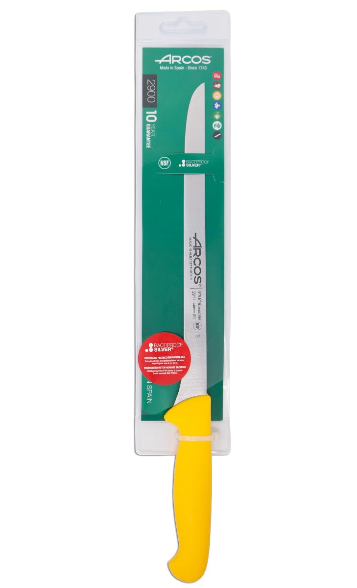 Arcos Couteau à Jambon Flexible - Lame Acier Inoxydable Nitrum 24 cm - Coupe Précise et Durable - Manche Polypropylène Jaune - Série 2900
