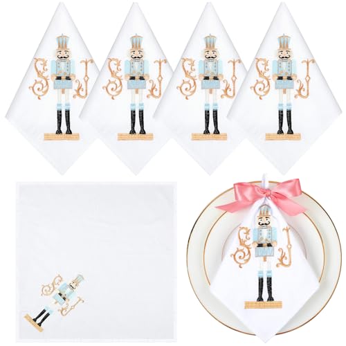 Peryiter Set of 4 Christmas Nutcracker Cloth Napkins 18 x 18 Inch Embroidery Reusable Washable Cotton Dinner Cloth Napkins Tabletop Collection for Xmas Dining Kitchen Party Wedding Decoration Supplies