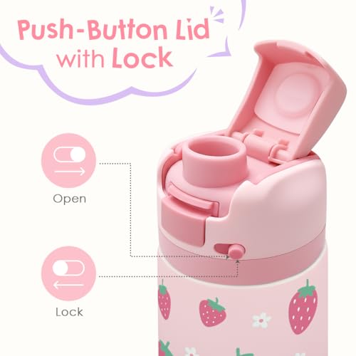 Image of Strawberry Kids Insulated Stainless Steel Water Bottle 16 Oz, Travel Tumbler for School, Sports for Girls, Birthday, Back To School