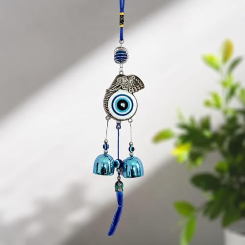 Image of Blue Evil Eye Hanging Wind Chime with Elephant Charm & Turkish Nazar Bead for Home Entrance, Balcony, Living Room, Office Wall Decor & Positive Energy Protection (32-35 cm)
