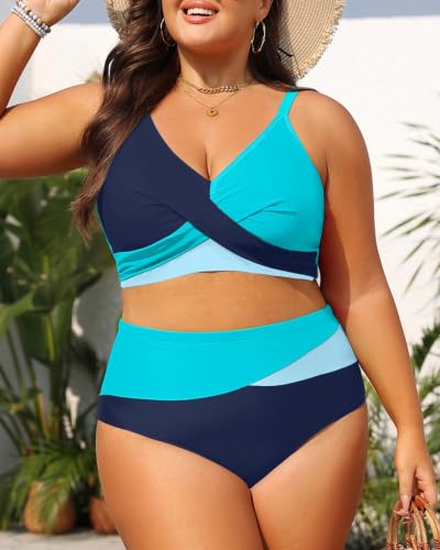 Image of Tempt Me Plus Size High Waisted Two Piece Swimsuit Color Block Bikini Set | Removable Padded Cups for Large Bust, Twist front Design, Color Block Style, Adjustable Straps