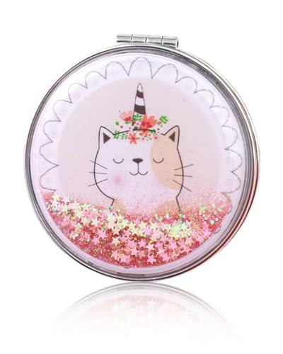 AORHOFJ 1 Pieza Mini Espejo Plegable, Espejo Compacto, Espejo Portátil, 1x / 2X Aumento, Espejo de Bolsillo Redondo de Metal (Gato de Caricatura)