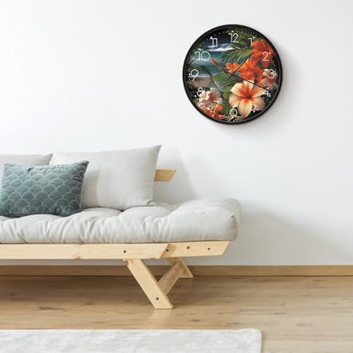 Horloge murale cadeau déco originale motif fleurs tropicales blanche 25cm