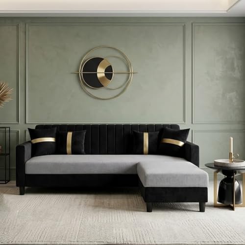 Image of CASASTYLE Korion 4 Seater L Shape Sofa Set with Movable Ottoman | Flexible Left or Right Layout | Cozy Velvet Fabric | Soft Touch Seating | Modern Designer Sofa for Living Room (Black-Light Grey)