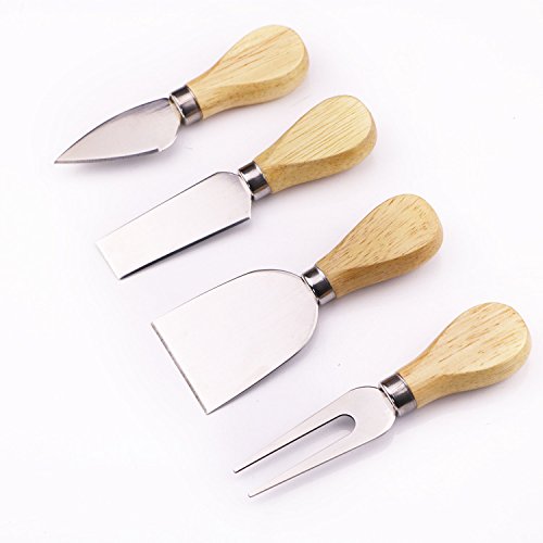 Premium 4'lü Peynir Bıçağı Seti, Paslanmaz Çelik Bıçaklar ve Meşe Saplı, 12.5 cm Uzunluk, Peynir ve