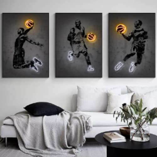 OTURRI Neon sport spelers muurkunst foto's decor basketbal spelers poster en print Scandinavische legende canvas schilderij clubkamer woondecoratie 50 x 70 cm x 3 niet ingelijst - Afbeelding 3