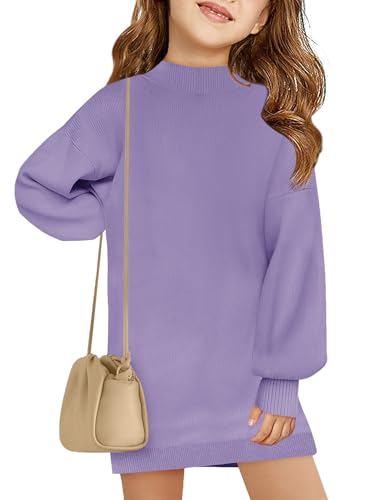Haloumoning Girls Oversized Sweater Dress Kids Fall Long Lantern Sleeve Ribbed Knit Pullover Dresses
