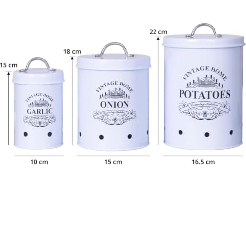 Image of Galvanized Metal Vegetable Storage Container Set of 3 for Potato, Onion & Garlic | Ventilated Kitchen Pantry Organizer with Lids | Rust-Resistant Food Storage Bins | WHITE