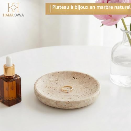 HAMAKAWA Vide Poche Marbre Naturel, Plateau Decoratif Rond Beige 14cm, Porte Savon Douche Modernes Travertin, Coupelle Bijoux pour Bague, Le pour Les Femmes – vue 2