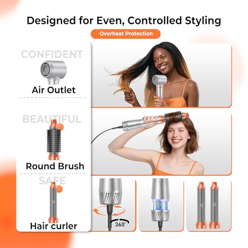 Image of 5 in 1 Blow Dryer Brush,110-120V Hair Dryer Brush, Fast Drying & 3 Adjustable Temperatures Hot-Air Hair Brushes, Detachable Hair Styler Set for Curling /Volumizing /Straightening /Styling (Silver-Orange)