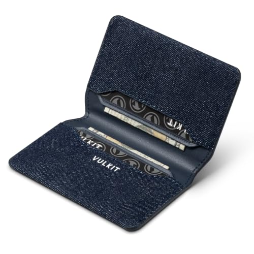 Image of VULKIT Slim Minimalist Card Holder RFID Blocking Leather Credit Card Holder Front Pocket Wallet Magnetic Closure, Denim Blue