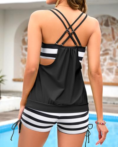 Image of Holipick Tankini Swimsuits Two Piece Tummy Control Bathing Suits Blouson Swim Tank Top with Boy Shorts
