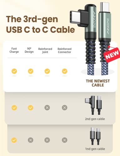 Image of AINOPE USB C Cable to USB C 60W 3-Pack 3.3FT+6.6FT+10FT Nylon Braided Type C Charger Fast Charging Right Angle USBC to USBC Cable Charger Cord for iPhone 16 Pro Max 15 Samsung S25 Ultra S24 iPad Pro