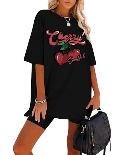 Image of Remidoo Women's Short Sleeve Oversized T Shirt Cherry Print Graphic Tee Crewneck Casual Top Black Large