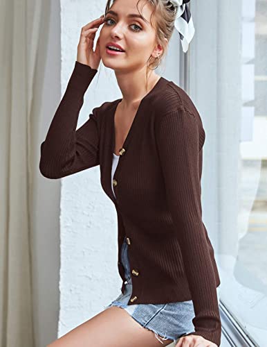 V Neck Cardigan Stretchy Outwear Button Down Highly Elastic Sweaters For Women (L,Coffee) #TOP2