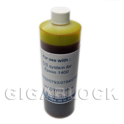 Gigablock UV Dye based Bulk Pint(470ml) Yellow Refill Ink for CIS System Epson Stylus Photo 1400 and 1410 - Made in USA