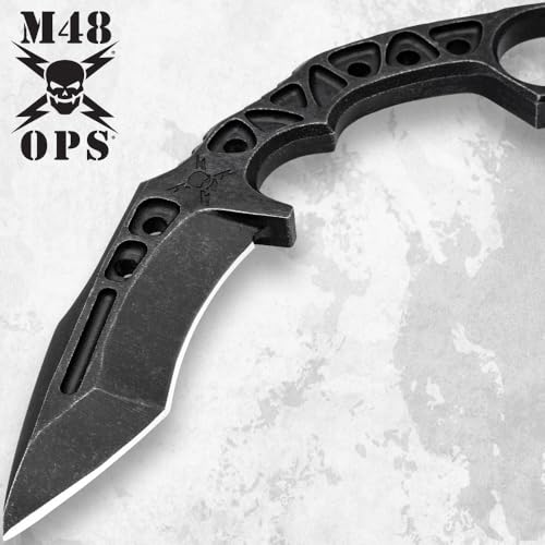 M48 OPS Karambit | 4 1/2" Curved Stainless-Steel Blade | One-Piece 3Cr13 Construction | Black Finish with Weight-Reducing Holes | Kydex Sheath with Boot Clip | Open Ring Pommel | 9 1/2" Overall Length
