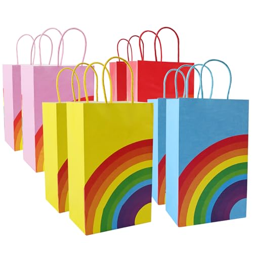 8 Stück Regenbogen Geschenktüten mit Griffen, Bunte Kraftpapier Geschenktüte, Faltbare Candy Geschenktüten, Tüten Aus Papier mit Henkel Wiederverwendbare für Geburtstagsfeier Hochzeit Verpackung