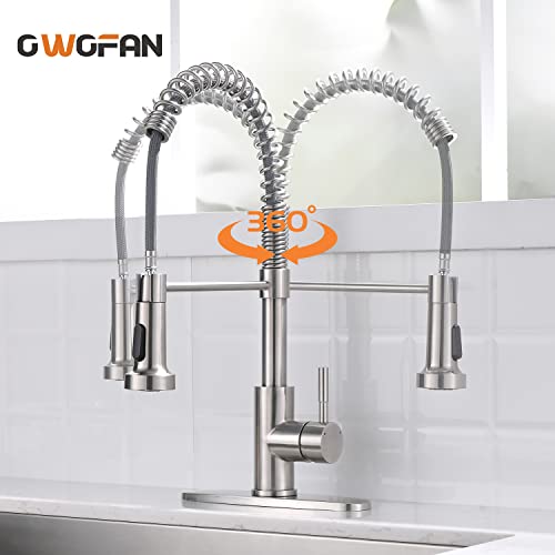 Owofan Pull Out Kitchen Faucet Low Lead Commercial Single Handle Pull Down Sprayer Spring Kitchen Sink Faucet Brushed Nickel Kitchen Faucets With Deck Plate 866055Sn #TOP4