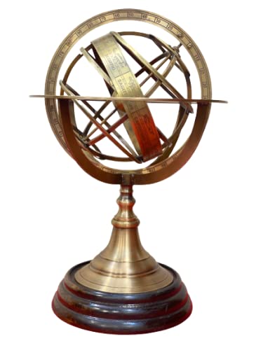AnNafi® Zodiac Armillary Brass Sphere Globe Display 8" Wooden Base | Antique Vintage Earth Steampunk Pirate's Antique Ship Decor Showpiece Collectible for Office & Home | Metal Display Piece (Large)