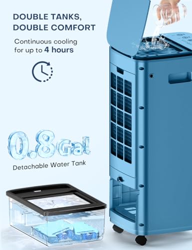Image of MYICY 3-IN-1 Windowless Air Conditioner w /Double Tanks, Smart Timer, 3 Ice Packs, 60W Evaporative Air Cooler, 70 Oscillation, 3-Speed 25-INCH Swamp Cooler Air Conditioner Portable for Room