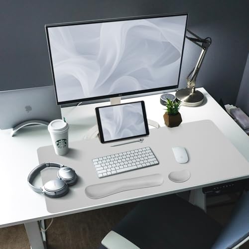 Image of Bloss Leather Desk Pad and Keyboard Wrist Rest, Large Mouse Pad + Keyboard Pad+Mouse Wrist Support, Non-Slip Desk Mat Protector for Office, Home(31.5x15.7 Inches, Light Grey)