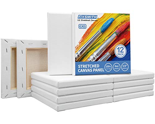 Image of FIXSMITH Stretched Canvas for Painting - 6x6 White Canvas Bulk Pack of 12,Primed,100% Cotton,5 /8 Inch Profile of Super Value Pack for Acrylics,Oils & Other Painting Media.
