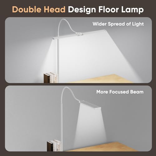 Image of LED Floor Lamp for Living Room, Bright Reading Lamps for Office | 5 Adjustable Colors Temperatures&Brightness, Dual Head Goose Neck Standing Lamp, Remote Control, Eye-Caring Tall Lamp, White