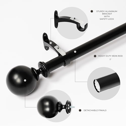 Image of Deco Window 18 inch-44 inch Adjustable Rustproof Curtain Rod for Doors & Windows with Brackets, Extendable Iron Metal Pipe Holder with Ball Wt Ac Bush Finials (Black,25MM Diameter)