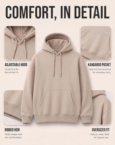 Image of NOBERO Oversized Solid Hooded Sweatshirt for Men | Oversized Hoodie for Men | Hooded Pullover | Cotton Rich Printed Hoodie 280 GSM Fleece