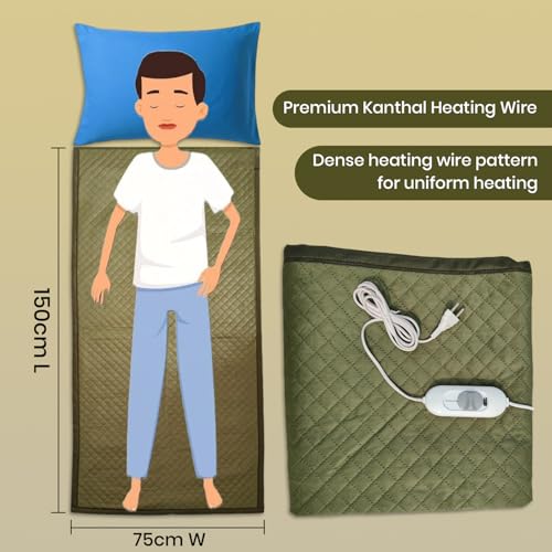 Image of Tapish Electric Blanket Ultrasonic Fabric - Single Bed Warmer - Shock Proof (5 Years Warranty on Remote, Ultrasonic Velvet Fabric, Green, 30x60 inches, Reversible)