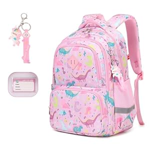 Kids Backpack, Kawaii Printed Girls Bookbags for Preschool, Lightweight School Backpack for Primary and Elementary and Kindergarten, Waterproof Teen Backpacks, Pink/Dinosaur