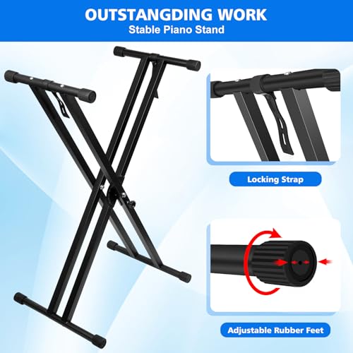 Image of Keyboard Stand, Height Adjustable Keyboard Stand, Keyboard Stand with Quick Release Mechanism, Double X Foldable Heavy Duty Instrument Stand with Locking Straps for 54-61-88 Key Electronic Pianos hhhy