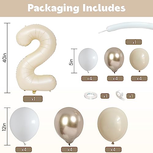 Image of 40 Inch Cream Number 2 Balloon for 2nd Birthday Decoration Beige White Sand Number Two Foil Balloon Tower Giant Large Nude Neutral Digit Helium Balloons Stack for Girls Second Anniversary Party