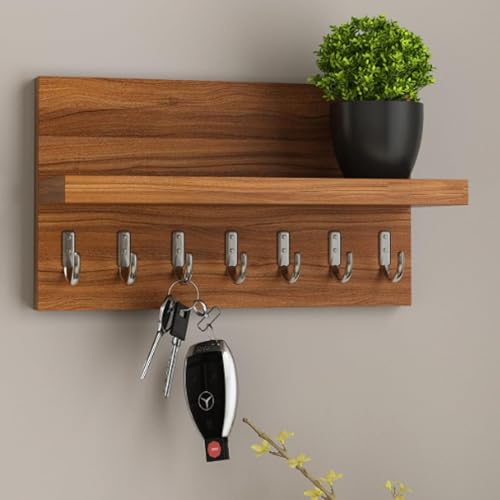 Image of Solid Sheesham Wood Key Stand for Wall | Wooden Key Holder for Home | Key Hanger | Home Decorative Keychain Holder with 7 Hooks (Honey Finish)