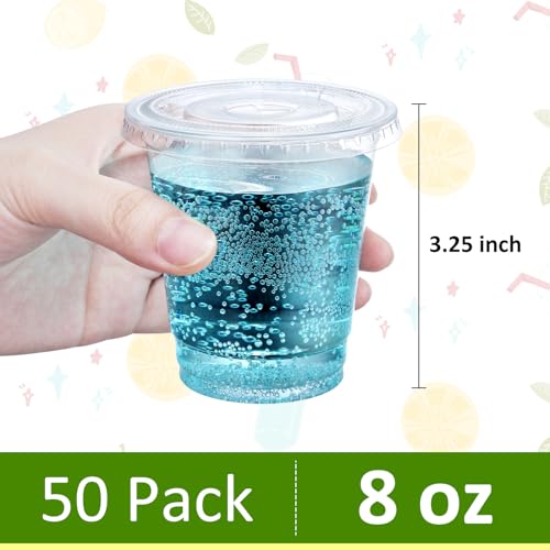 Eupako 8 oz Plastic Cups with Lids, Clear Disposable Cups with Flat Lids, Cold Drink Containers Pack of 50
