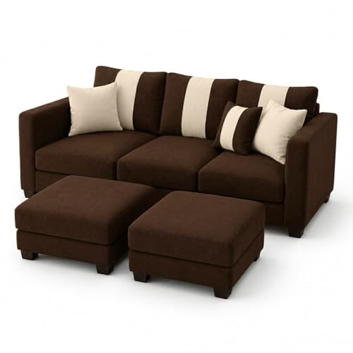 Image of Vero 5 Seater L Shape Sofa Set with 2 Movable Ottomans | Flexible Layout | Luxury Velvet Suede Fabric | Modern Living Room Sofa | Dark Brown