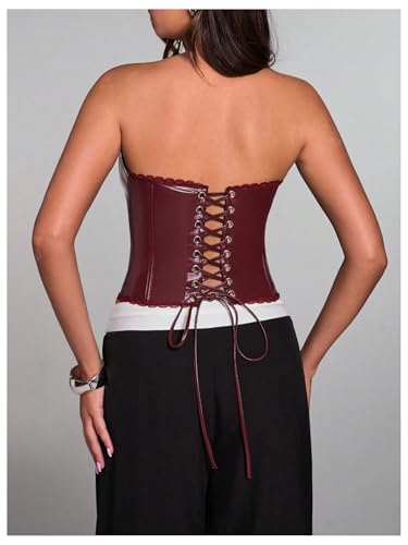WDIRARA Women's PU Leather Corset Tube Top Lace Up Back Strapless Bandeau Bustier Crop Tops3