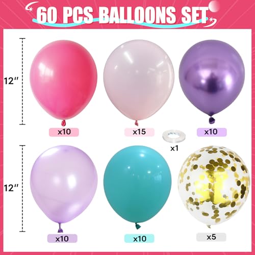 Image of HILAVO Pink and Purple Balloons, 60PCS 12Inch Purple Pink Teal Blue Balloons and Gold Birthday Balloon for Girls Princess Birthday Mermaid Baby Shower Party Decorations