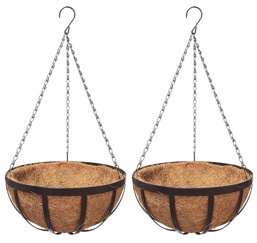 Kingbuy 10 Inch Outdoor Hanging Baskets, 2 Pack Black Metal Planters with Coco Liners, Rust-Resistant Iron Flower Pots for Patio/Balcony/Garden/Deck, Modern Hanging Decor for Flowers/Herbs/Succulents