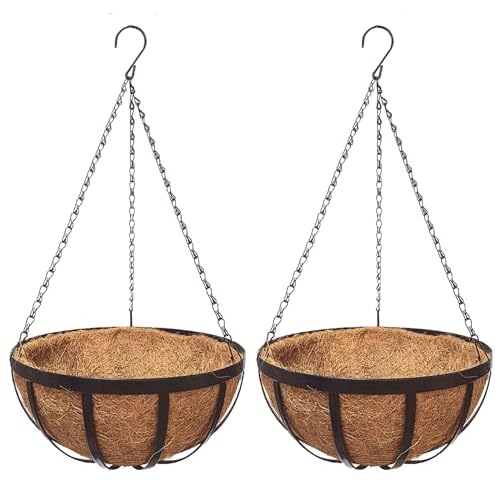 Kingbuy 10 Inch Outdoor Hanging Baskets, 2 Pack Black Metal Planters with Coco Liners, Rust-Resistant Iron Flower Pots for Patio/Balcony/Garden/Deck,