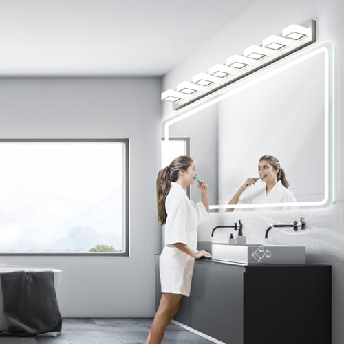 Image of Ralbay 8-Light Brushed Nickel Bathroom Vanity Lights Metal Acrylic LED Modern Bathroom Wall Lighting Fixtures Over Mirror