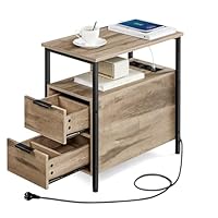 VASAGLE Beistelltisch, Nachttisch mit Steckdosenleiste, 2 Schubladen, Sofatisch, Nachtschrank für Wohnzimmer, Schlafzimmer, Kamelbraun-tintenschwarz LET325K01